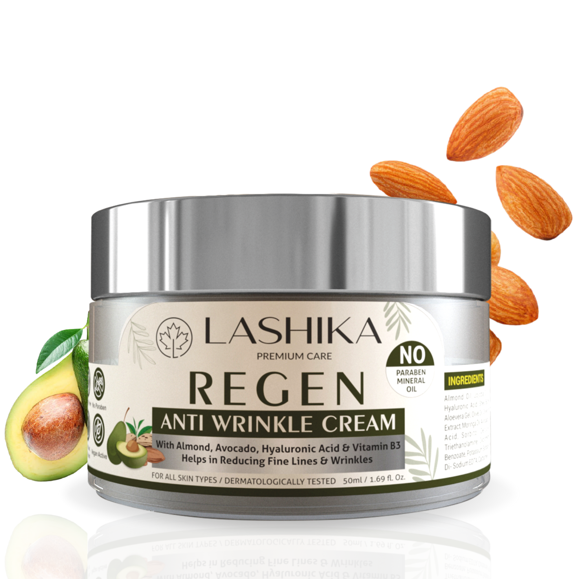 Regen Anti Wrinkle Cream - 50 gm - with Almond, Avocado, Hyaluronic Acid &amp; Vit B3 Helps in Reducing Fine Lines &amp; Wrinkles.