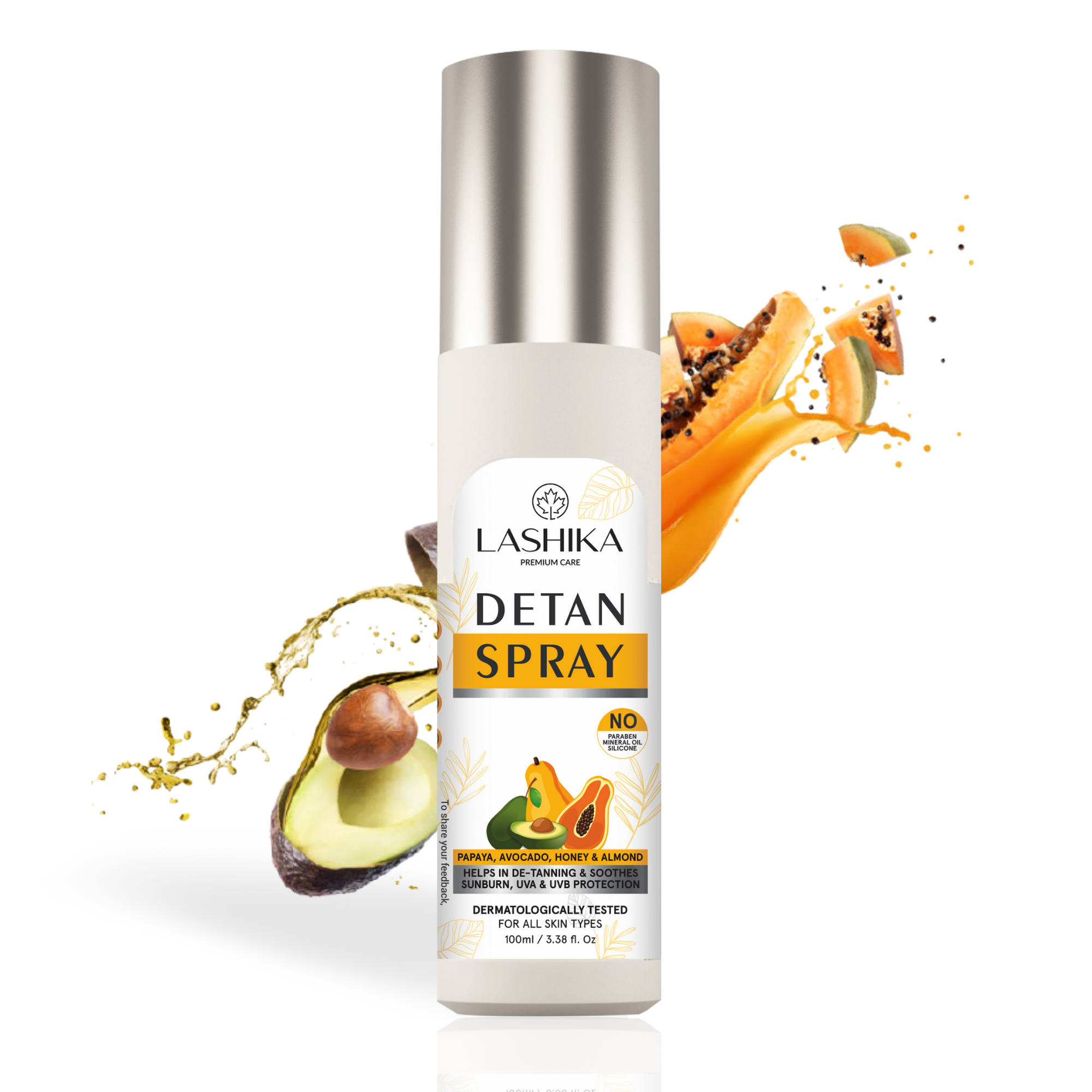 Detan Spray - 100 ml with Papaya Extract, Aloevera Extract, Aloevera Oil, Avocado Oil, Almond Oil, Turmeric Oil &amp; Honey helps in De-tanning &amp; Soothes Sunburn, UVA &amp; UVB Protection