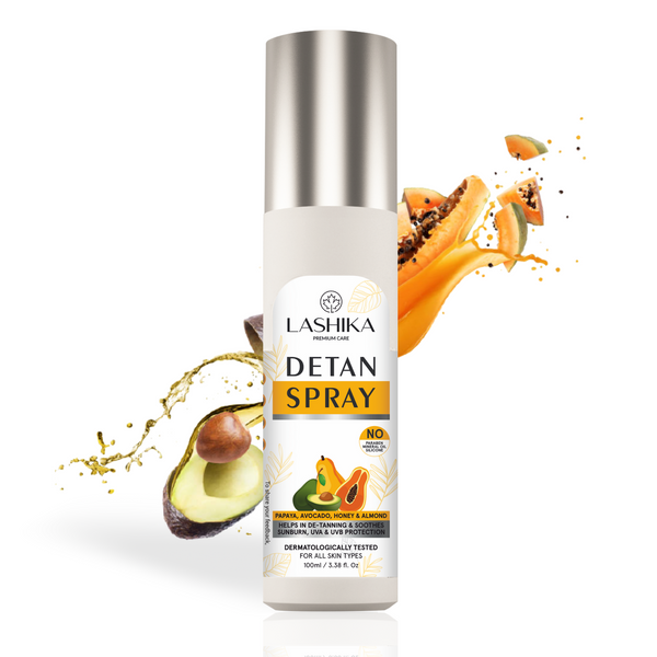 Detan Spray - 100 ml with Papaya Extract, Aloevera Extract, Aloevera Oil, Avocado Oil, Almond Oil, Turmeric Oil & Honey helps in De-tanning & Soothes Sunburn, UVA & UVB Protection