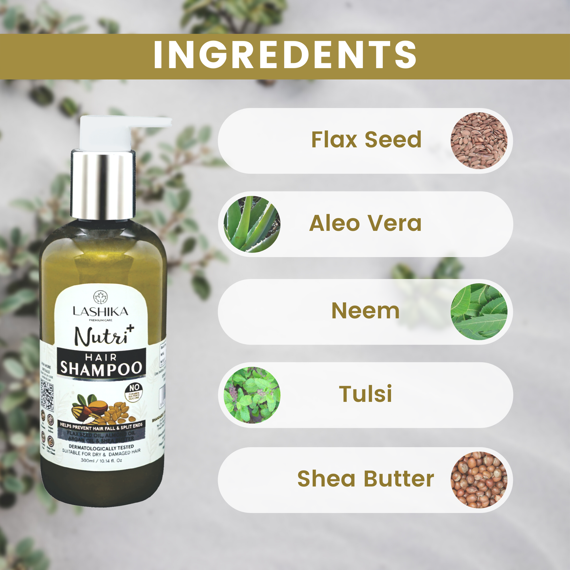 Nutri+ Shampoo - 300 ml with Flax Seed Oil, Almond Oil, Argan Oil &amp; Shea Butter - Suitable for Dry &amp; Damaged Hair