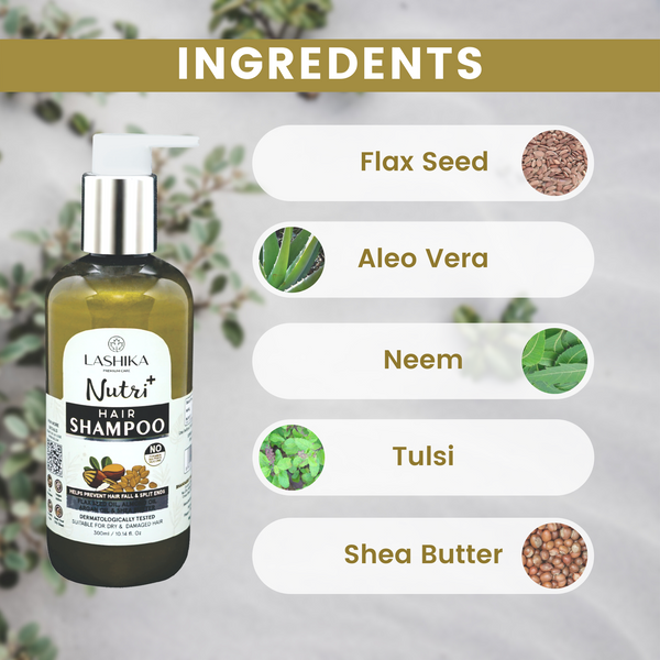 Nutri+ Shampoo - 300 ml with Flax Seed Oil, Almond Oil, Argan Oil & Shea Butter - Suitable for Dry & Damaged Hair
