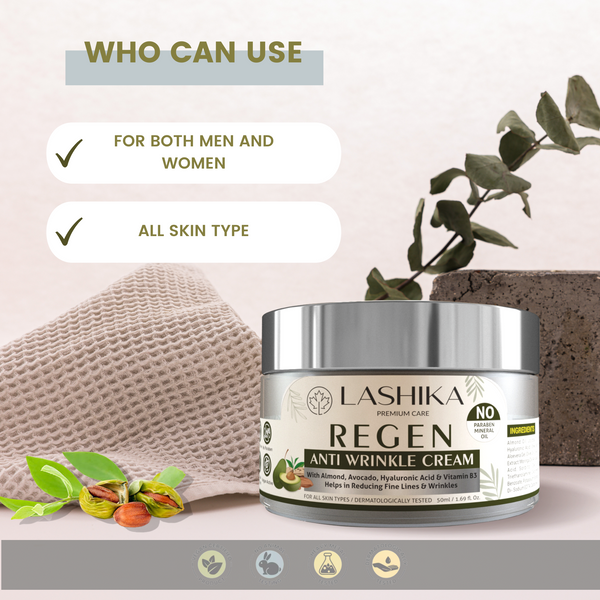 Regen Anti Wrinkle Cream - 50 gm - with Almond, Avocado, Hyaluronic Acid & Vit B3 Helps in Reducing Fine Lines & Wrinkles.