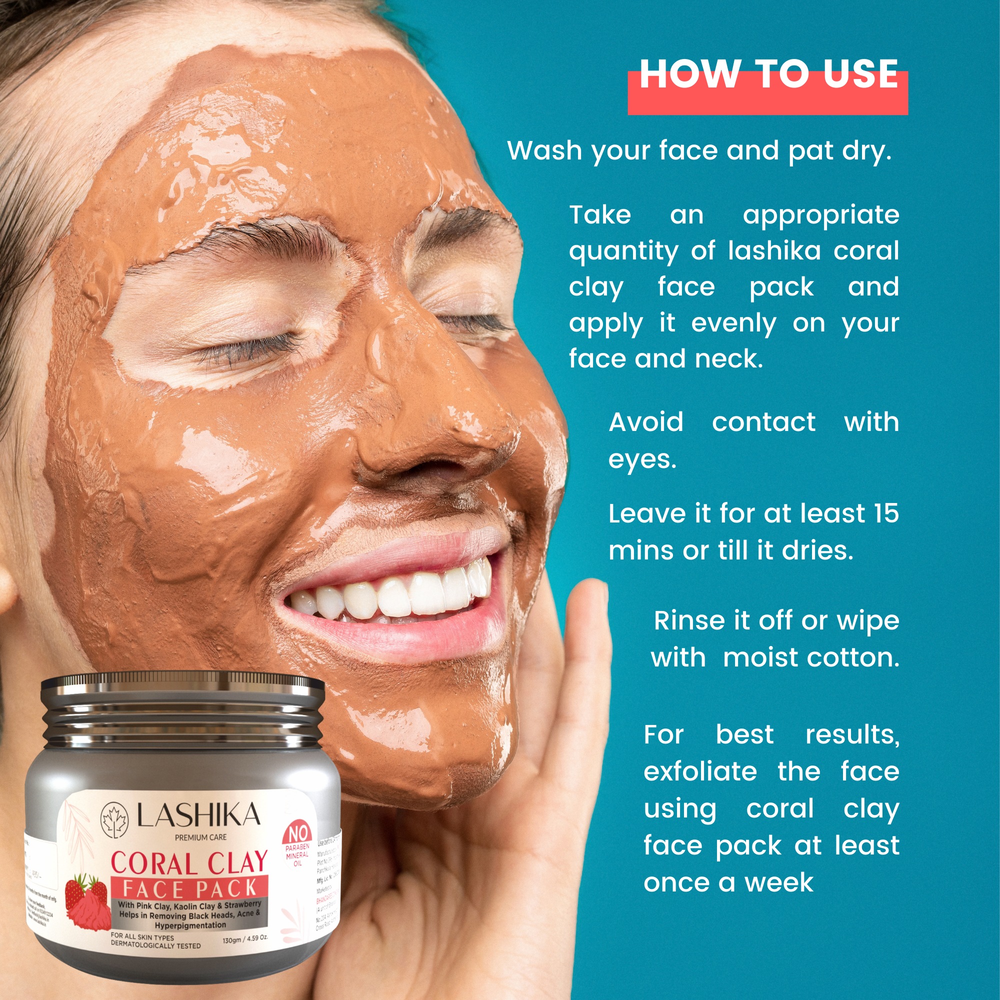 Coral Clay Face Pack - 130 gm with Pink Clay, Kaolin Clay &amp; Strawberry Helps In Removing Black Heads, Acne &amp; Hyperpigmentation - For All Skin Types