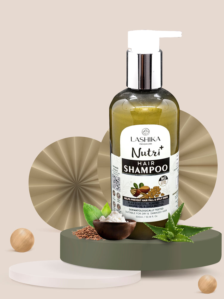 Nutri+ Shampoo - 300 ml with Flax Seed Oil, Almond Oil, Argan Oil &amp; Shea Butter - Suitable for Dry &amp; Damaged Hair