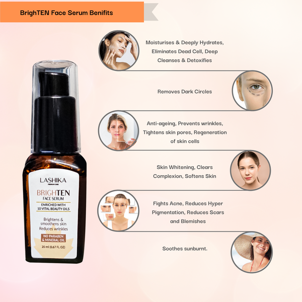 BrighTEN Face Serum - 20ml | Enriched with 10 Vital Beauty Oils | Brightens & Smoothens skin | Reduces wrinkles | No Paraben & Mineral Oil | For All Skin Types
