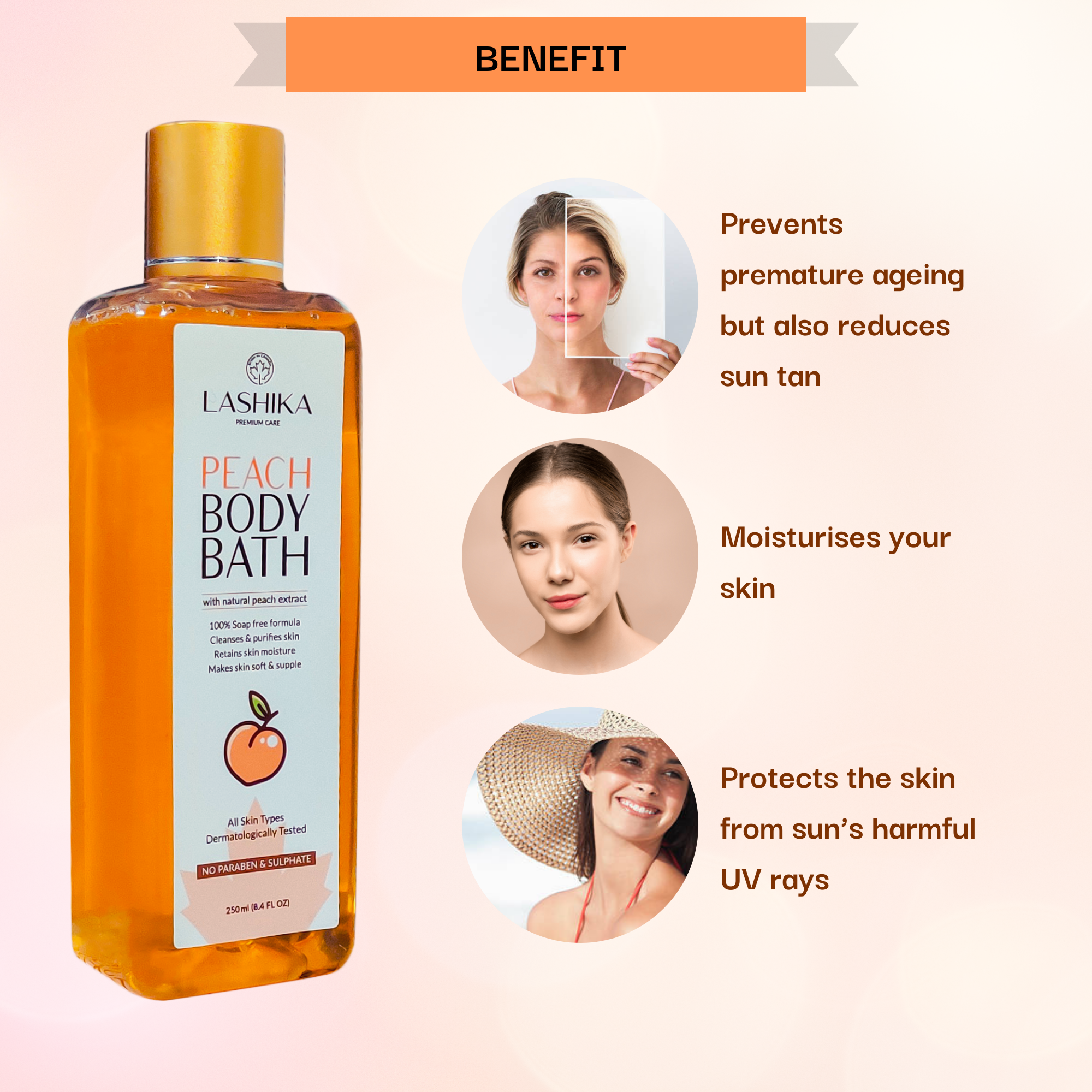 Peach Body Bath - Shower Gel - 250 gm with Natural Peach Extract | 100% Soap Free Formula | Cleanses &amp; Purifies Skin| Retains Skin Moisture| Makes Skin Soft &amp; Supple | For all Skin types